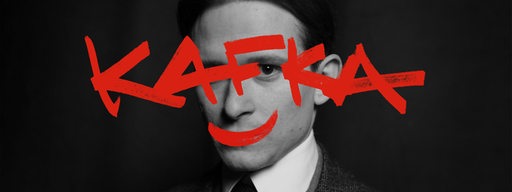 Schwarz-weißes Foto von  Kafka-Darsteller, darüber mit roter Schrift das Wort Kafka