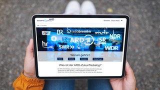 Ein Bildschirm mit dem Logos der ARD-Anstalten und dem Titelzeile: "was ist der ARD-Zukunftsdialog"